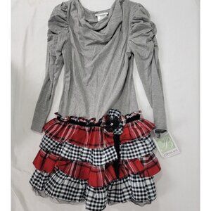 Bonnie Jean Girl's Dress Holiday Party NEW Size 12 Gray Plaid Ruffle Long Sleeve